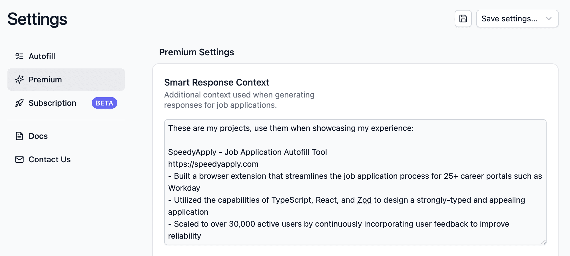 Premium Settings - Smart Response Context