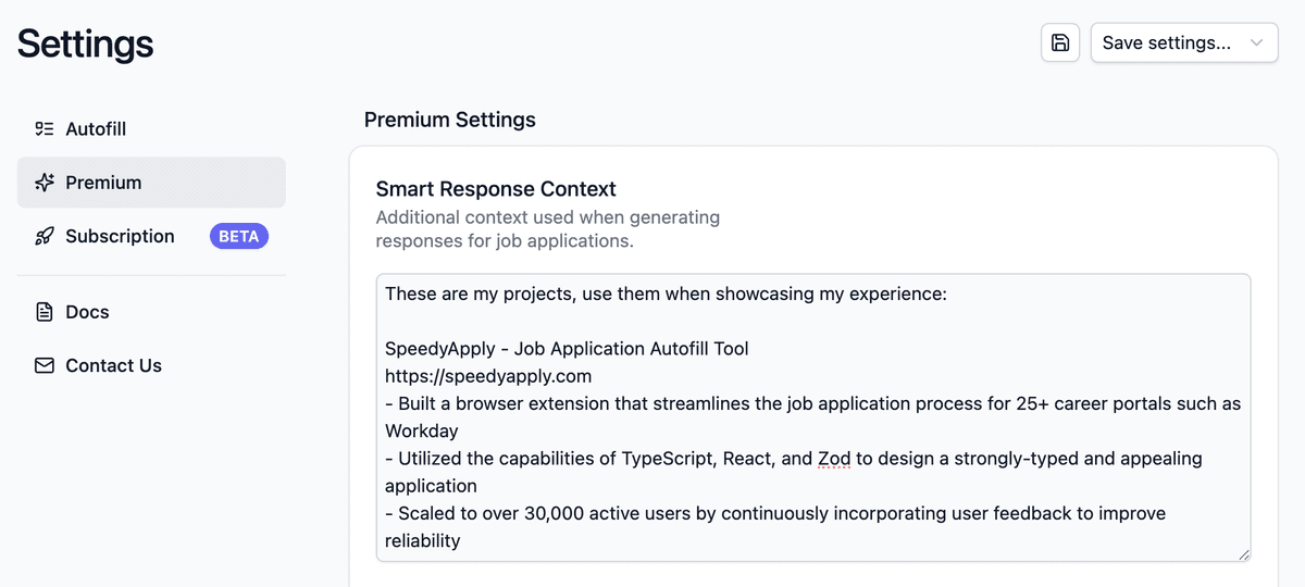 Premium Settings - Smart Response Context
