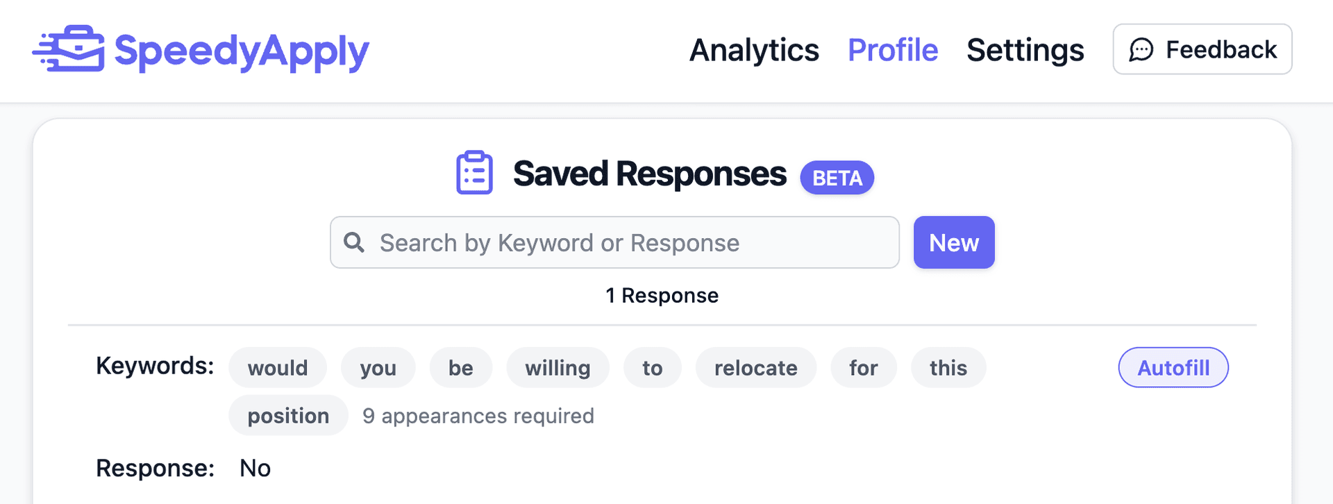 Saved Response in Profile